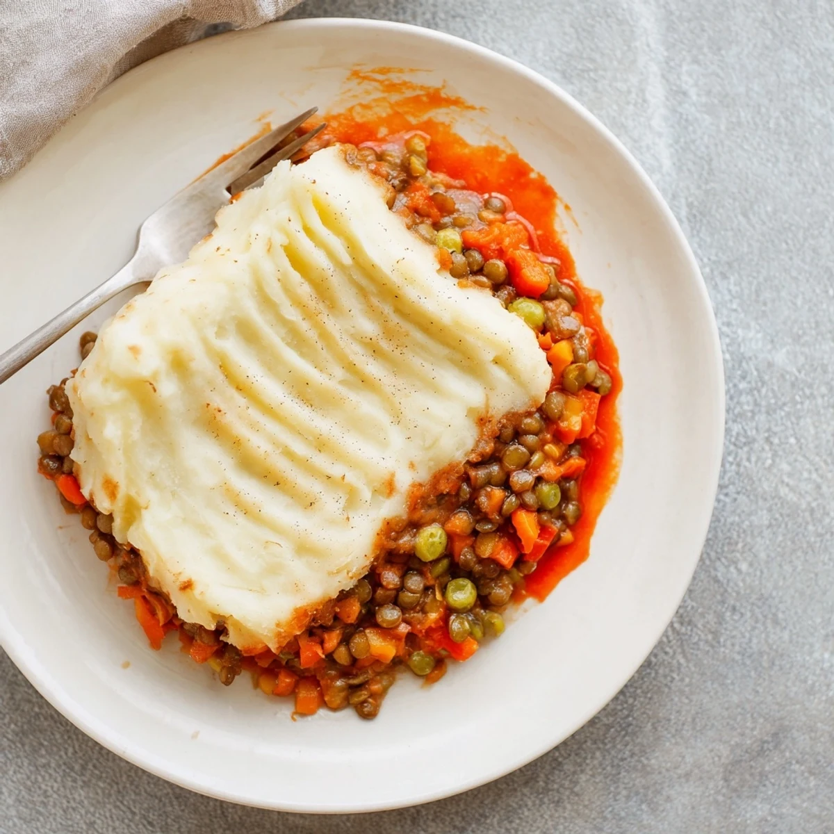 Hearty Lentil Shepherd's Pie overflowing in a baking dish, with a golden mashed potato topping.