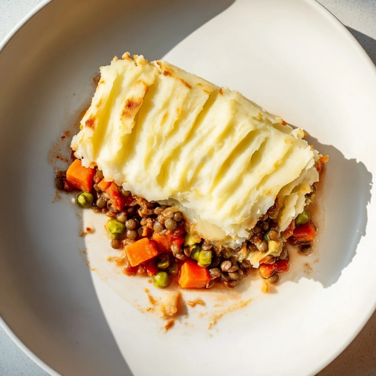 This Hearty Lentil Shepherd's Pie features a rich lentil filling, delicious under fluffy mashed potatoes.