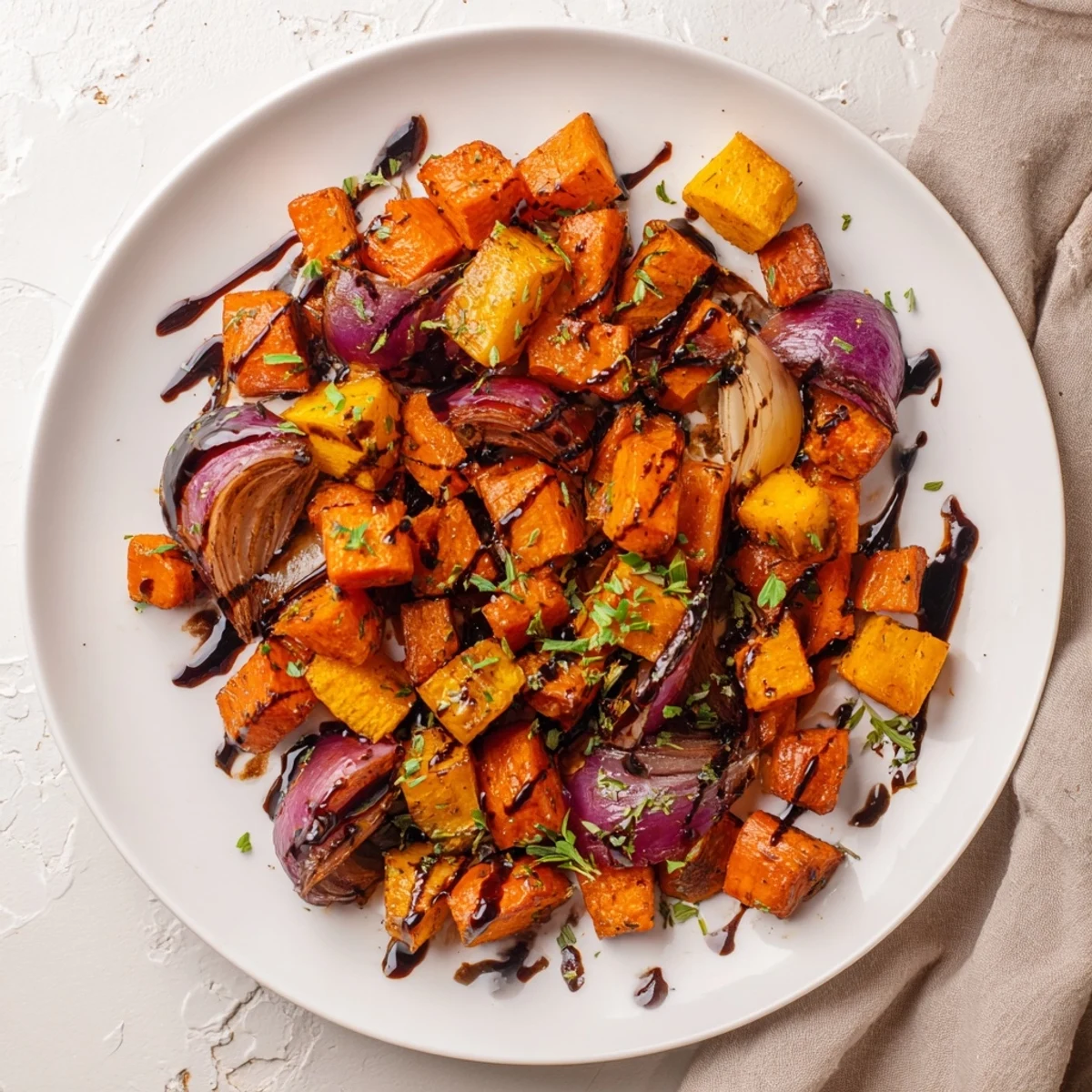 Golden-brown roasted root vegetable medley drizzled with sweet balsamic glaze, ready to serve.