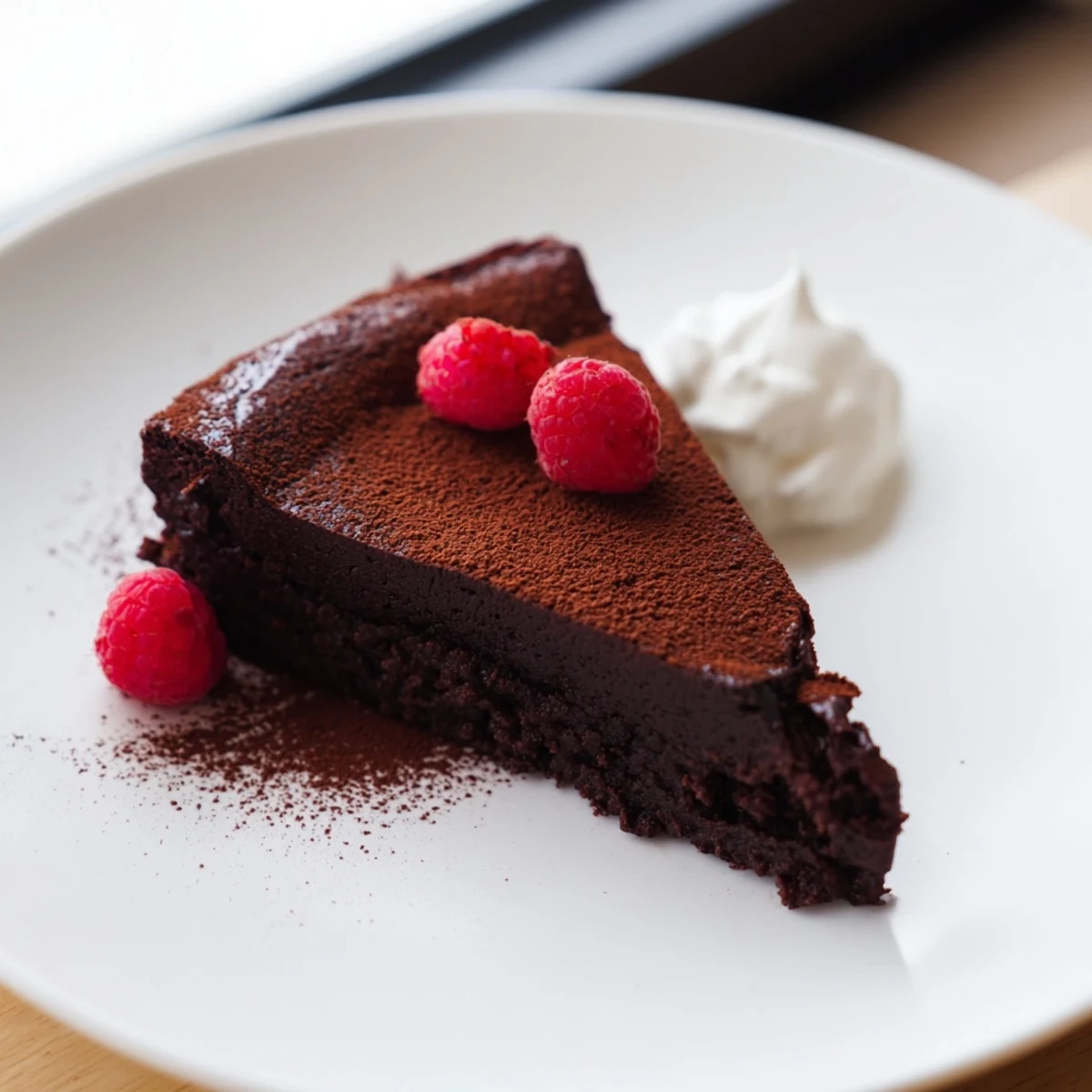 Slice of decadent flourless chocolate cake, dusted with cocoa and ready to enjoy.