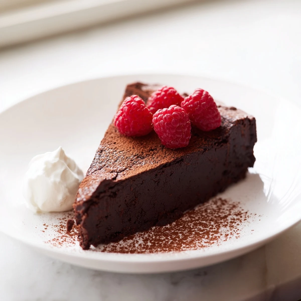 A warm, fudgy slice of decadent flourless chocolate cake with fresh berry garnish.