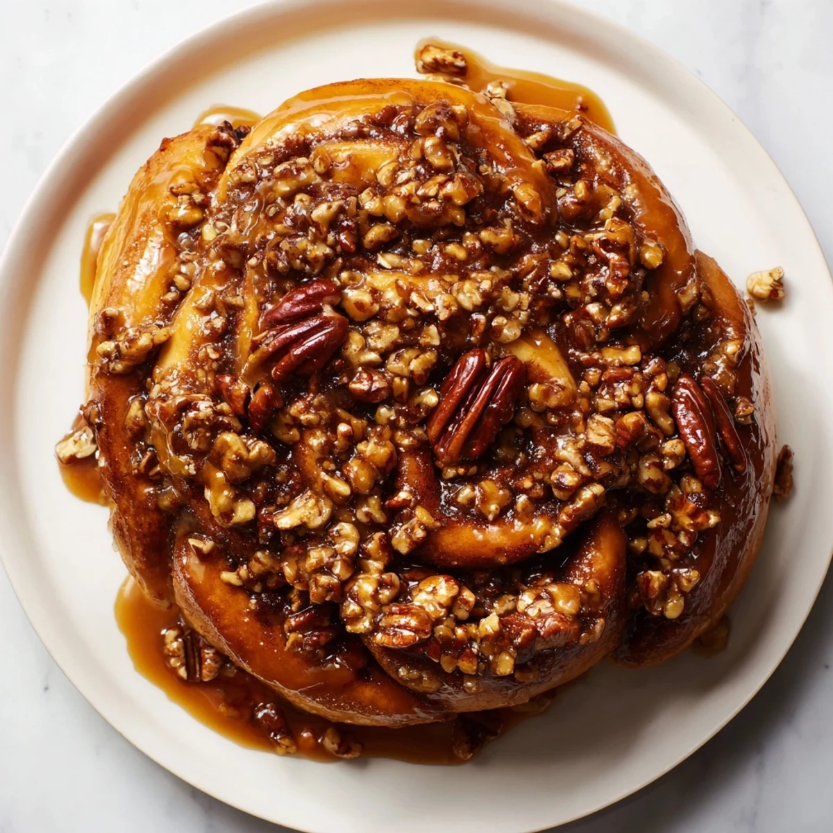 Golden-brown Pecan and Honey Sticky Buns, glistening with caramel, perfect for a delicious weekend treat.