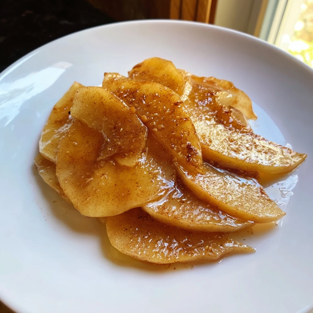 Golden, bubbly Baked Apple Slices sprinkled with cinnamon, ready to eat with vanilla ice cream.