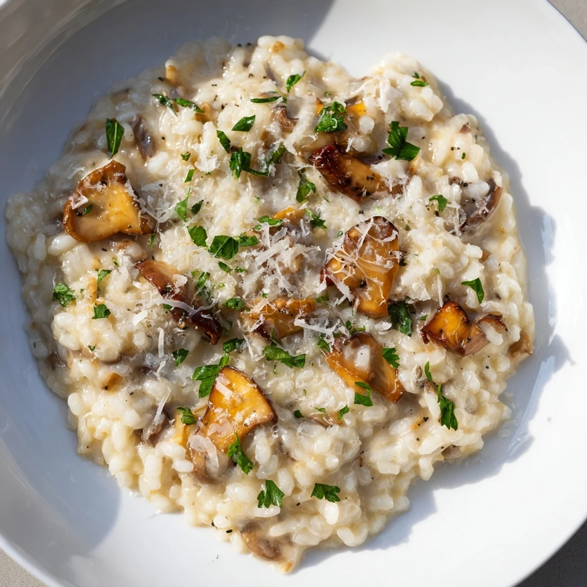 Tempting closeup of Parmesan-infused stove-top creamy risotto, rich and perfectly textured.