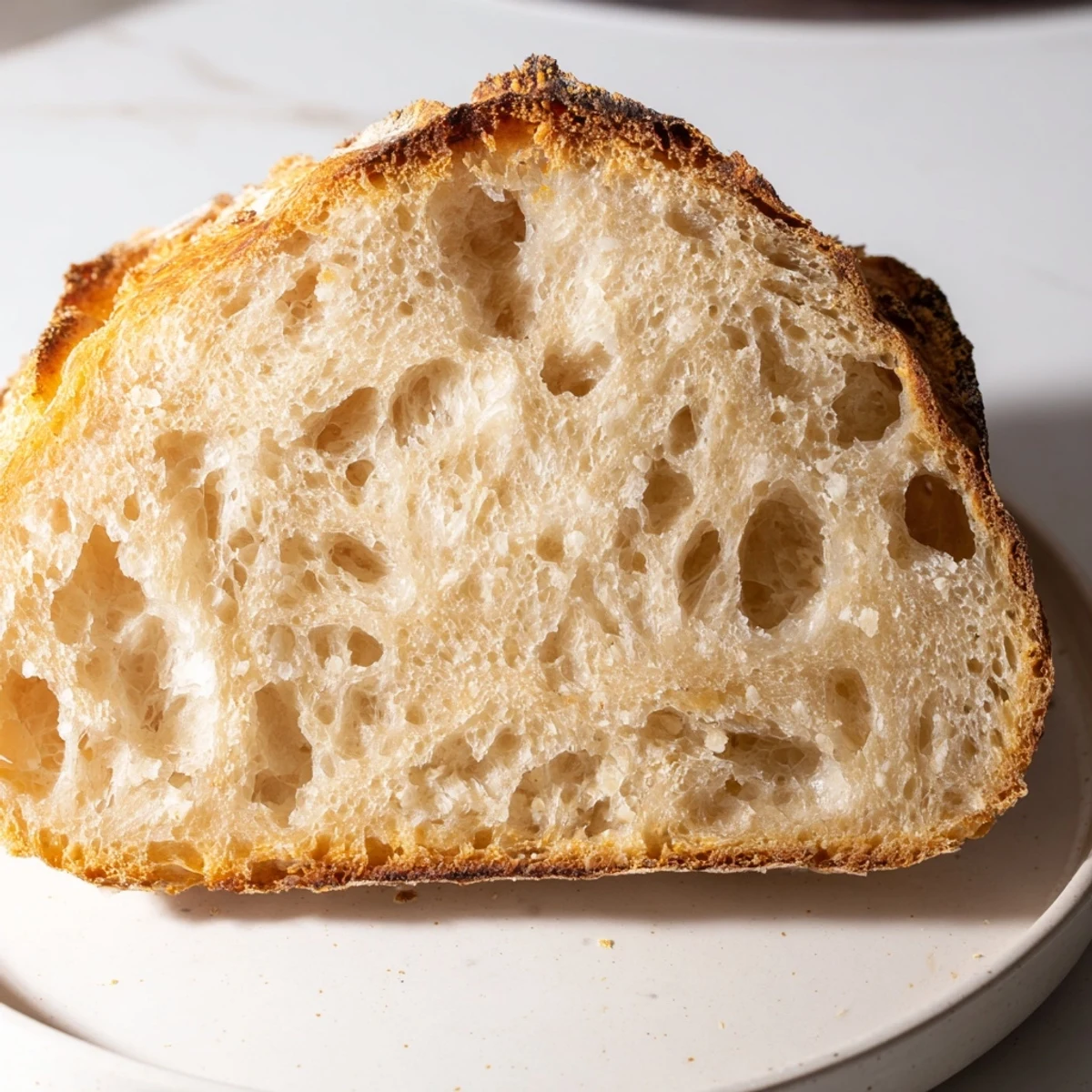 Golden, crusty loaf of The Best Easy No-Knead Bread freshly baked and ready to slice.