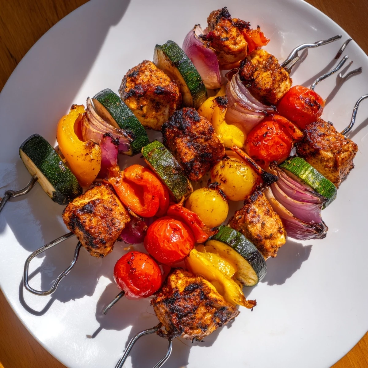 Grilled chicken and veggie skewers, glistening, with char marks, offering a smoky, delicious meal.