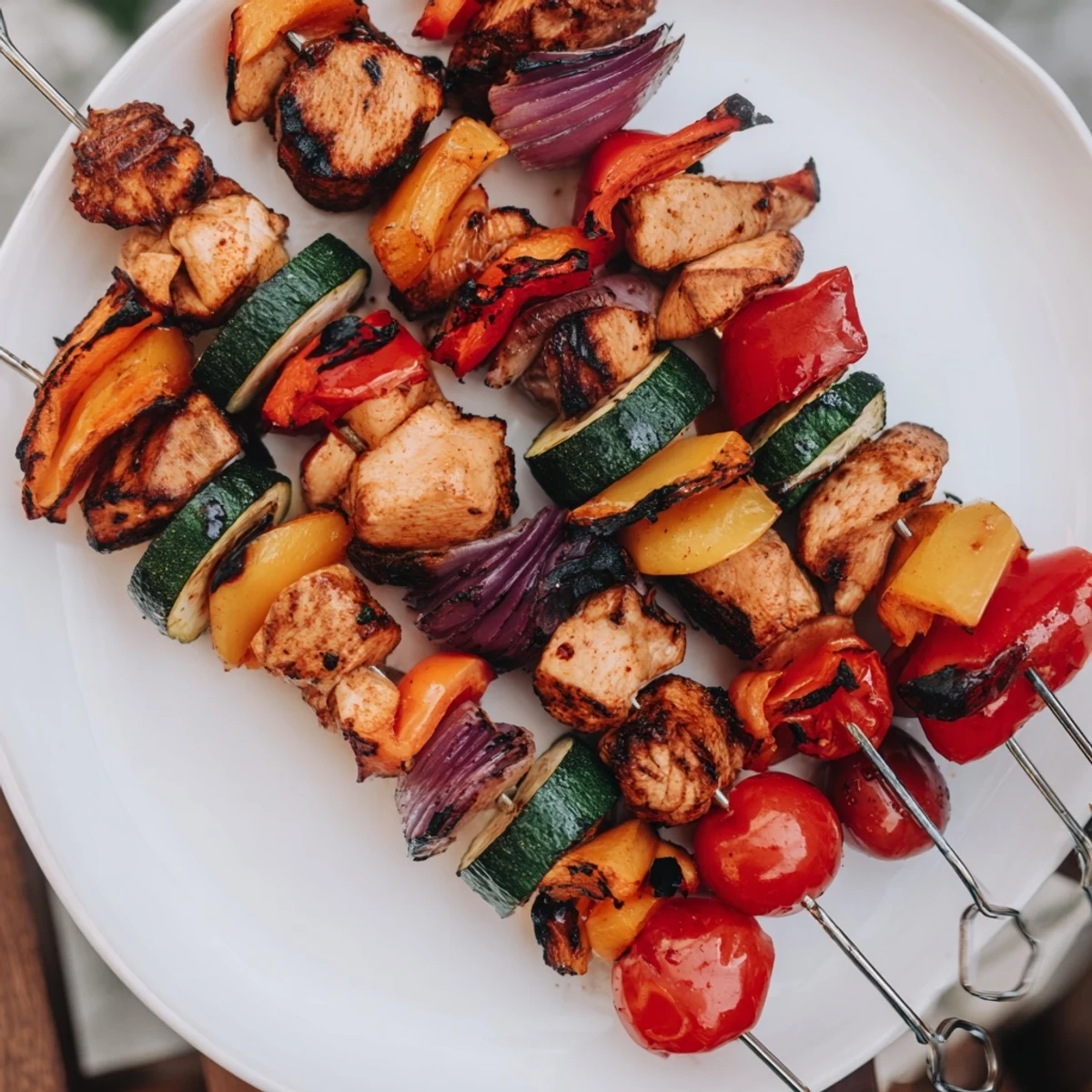 Beautifully grilled chicken and veggie skewers, perfect for a healthy summer dinner, fresh from the barbecue.