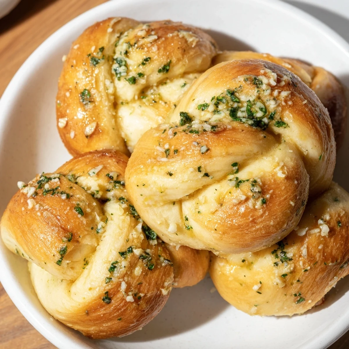 Golden-brown homemade garlic knots, brushed with melted garlic butter and fresh parsley, are ready to eat.