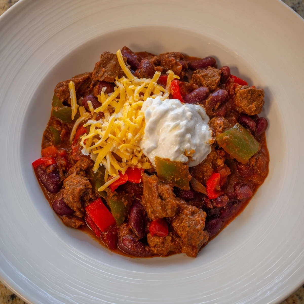 Winter Warming Chili con Carne, a steaming bowl of hearty stew, ready to be enjoyed.