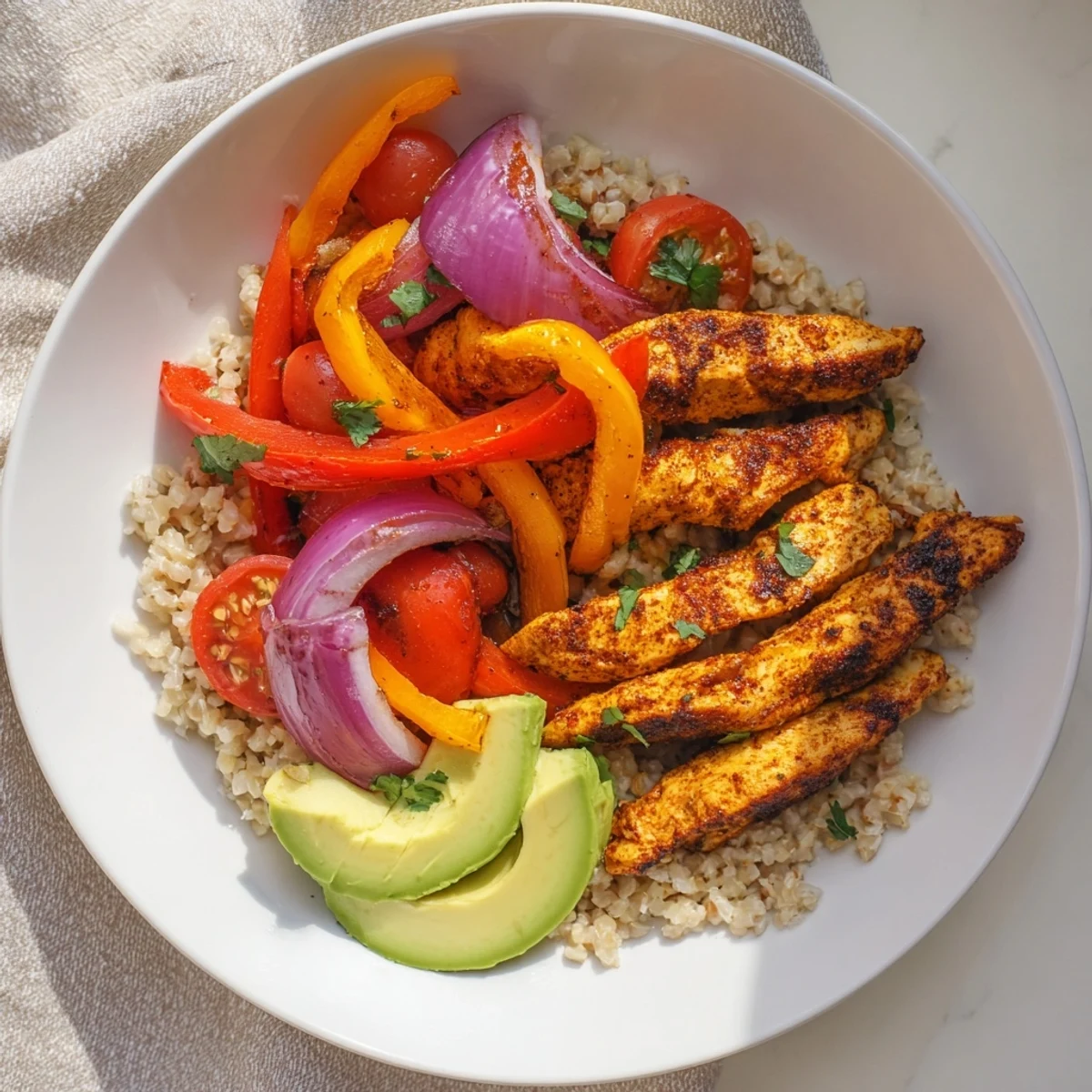 Make-Ahead Chicken Fajita Meal Prep Bowls: sizzling chicken, colorful peppers, and rice make a delicious, healthy lunch.