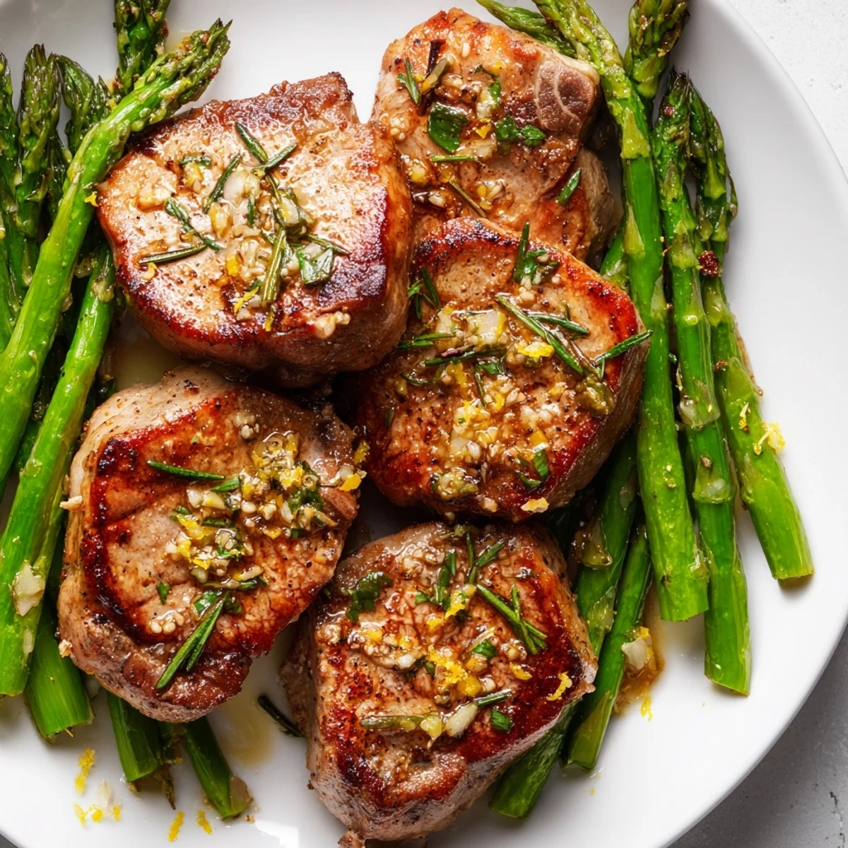 Tender One-Pan Lemon Herb Pork Chops with asparagus, glistening in a skillet just after roasting.