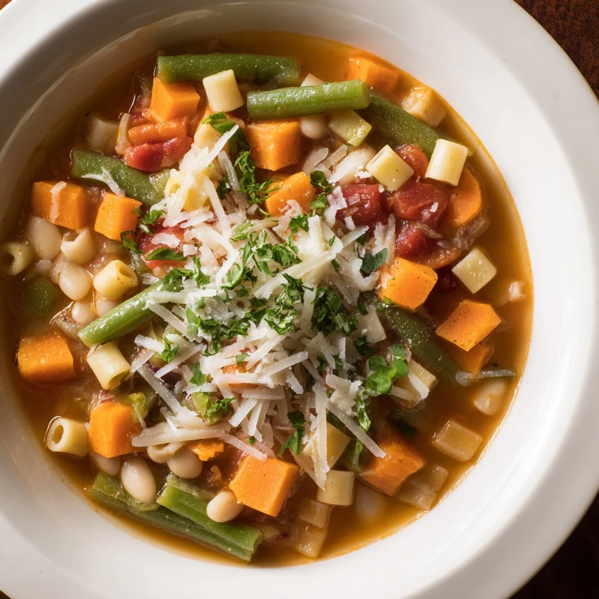 Steaming hot Simple One-Pot Minestrone Soup, garnished with Parmesan and fresh parsley, ready to enjoy.