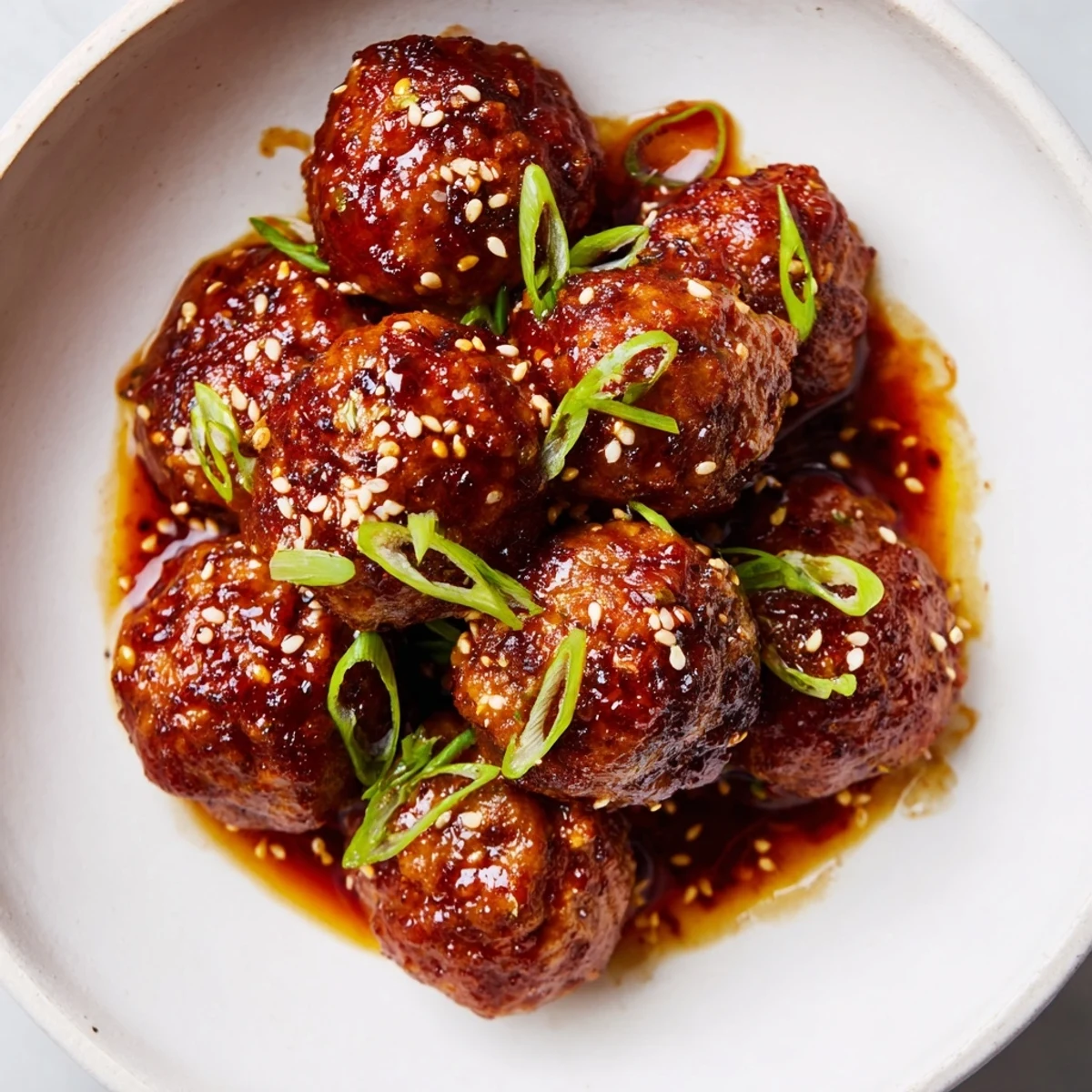 Sweet and fiery Sriracha honey meatballs, garnished with sesame seeds and green onions, ready to serve warm.