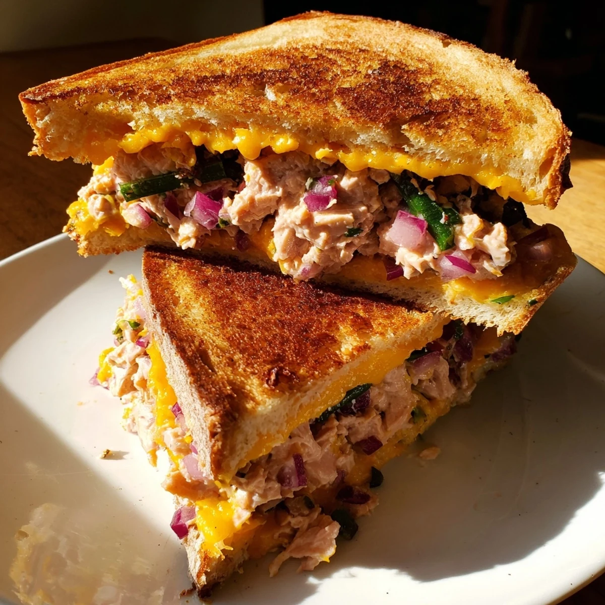 Crispy, golden Classic Tuna Melt Sandwich, oozing melted cheese, ready for a comforting bite.