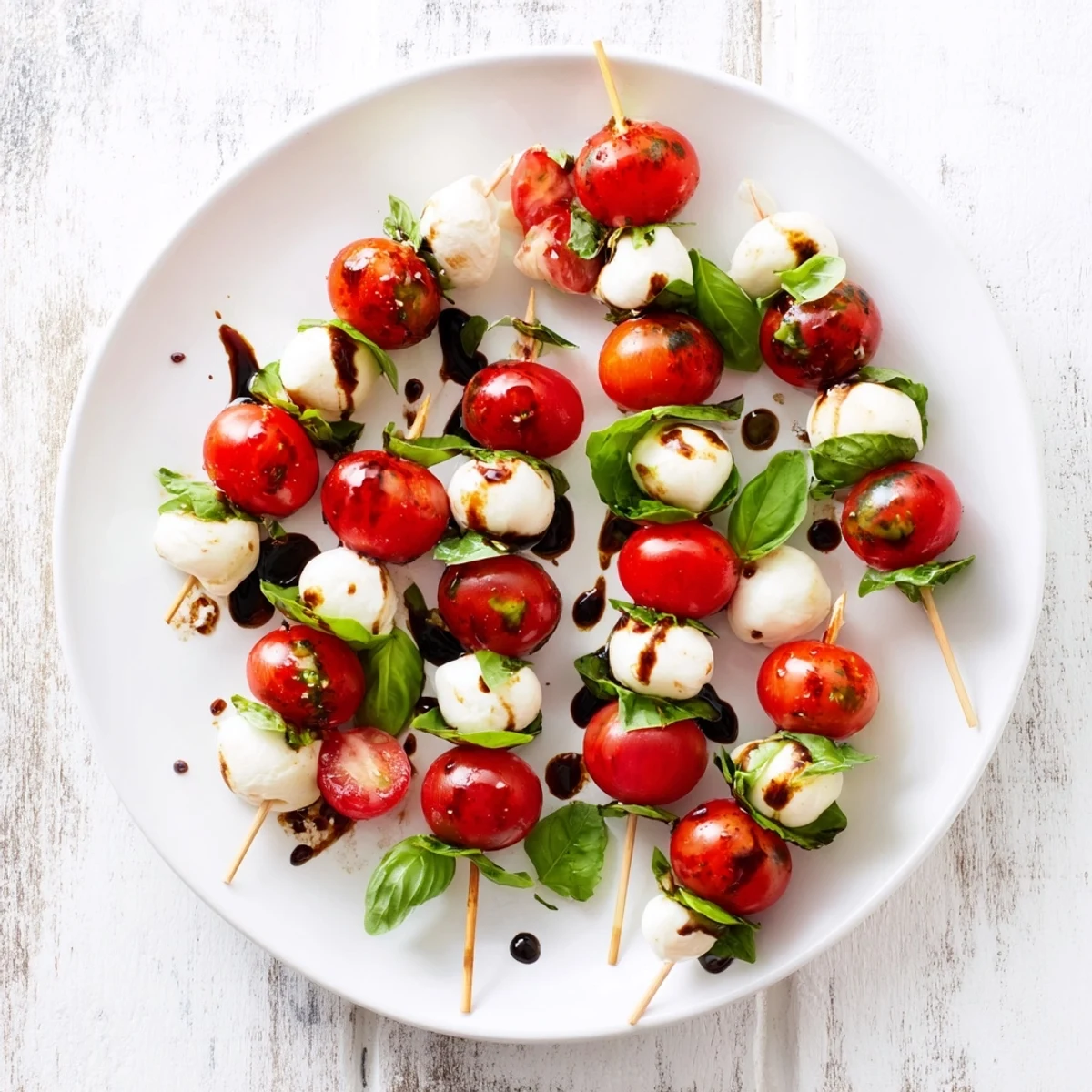 Fresh Caprese Salad Skewers on a white platter, colorful with bright red tomatoes and fresh basil.