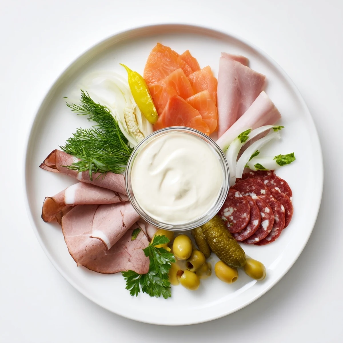 Beautiful close-up of The Compass Rose appetizer, displaying sliced meats around a creamy dip.