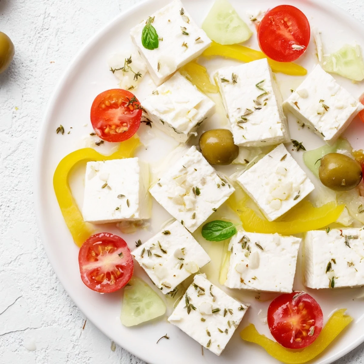Delectable Sun-Drenched Patio mezze platter with creamy feta, vibrant veggies, and crunchy bread.