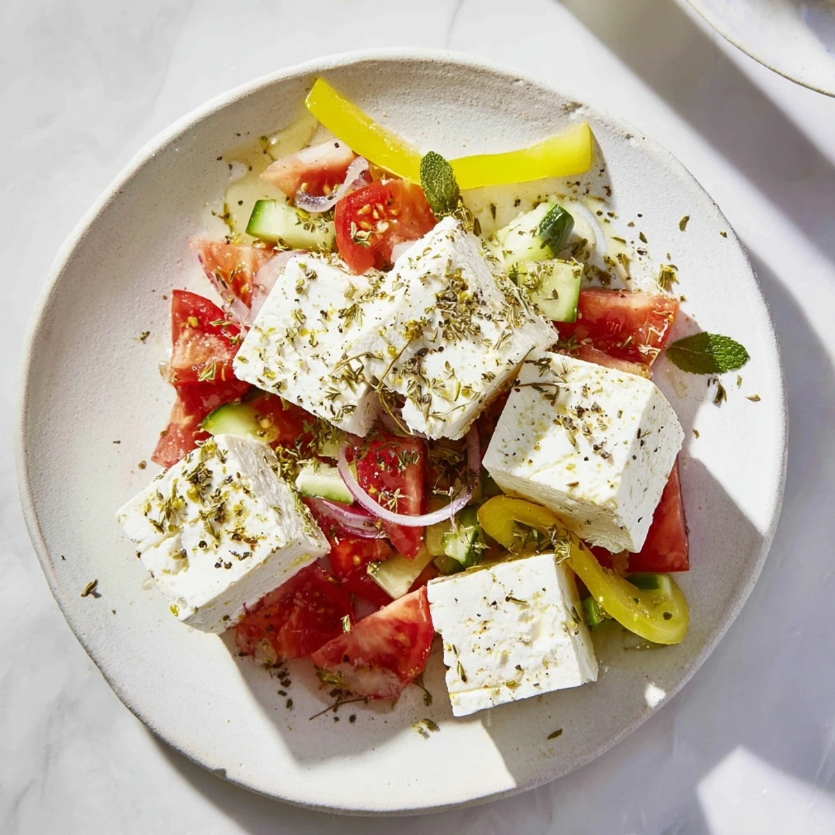 Freshly prepared Sun-Drenched Patio featuring feta, hummus, and colorful, crisp vegetables for sharing.