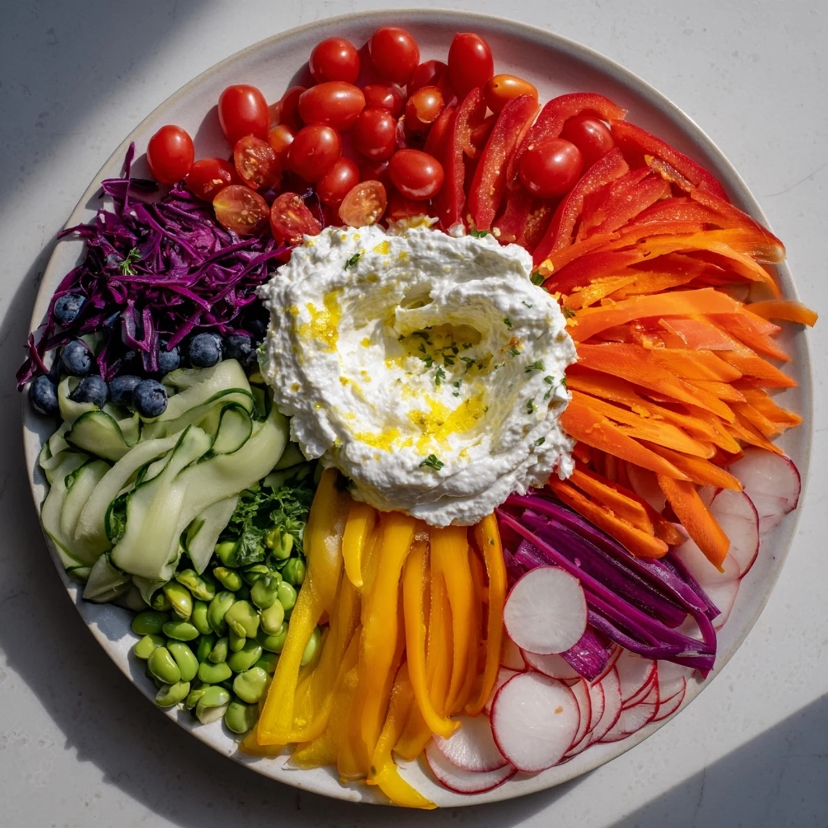 Visualize the delicious Prism Burst: colorful veggies arranged in stripes, ready to be drizzled with dressing.