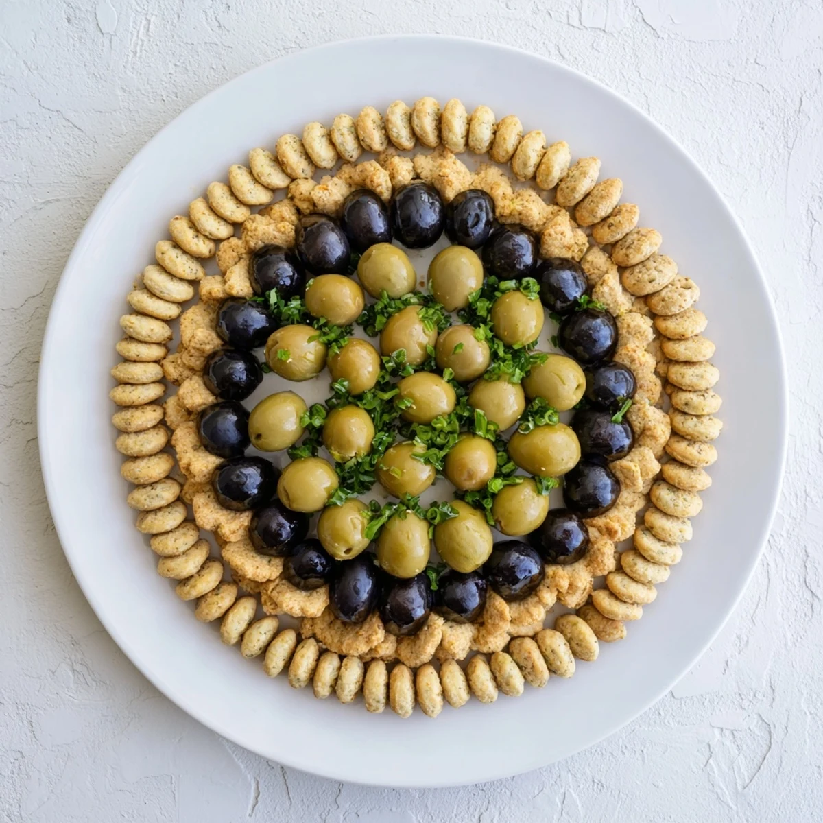 Imagine the Roman Colosseum snack platter: Round crackers form the walls, olives are the main event!