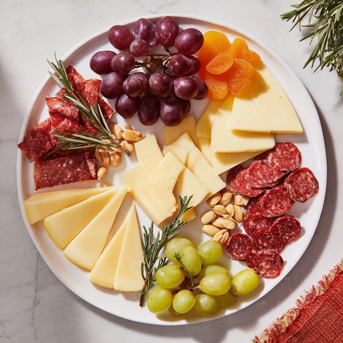 Vibrant Geometric Gala appetizer with precisely cut cheeses, meats, grapes, nuts, and fig jam on display.