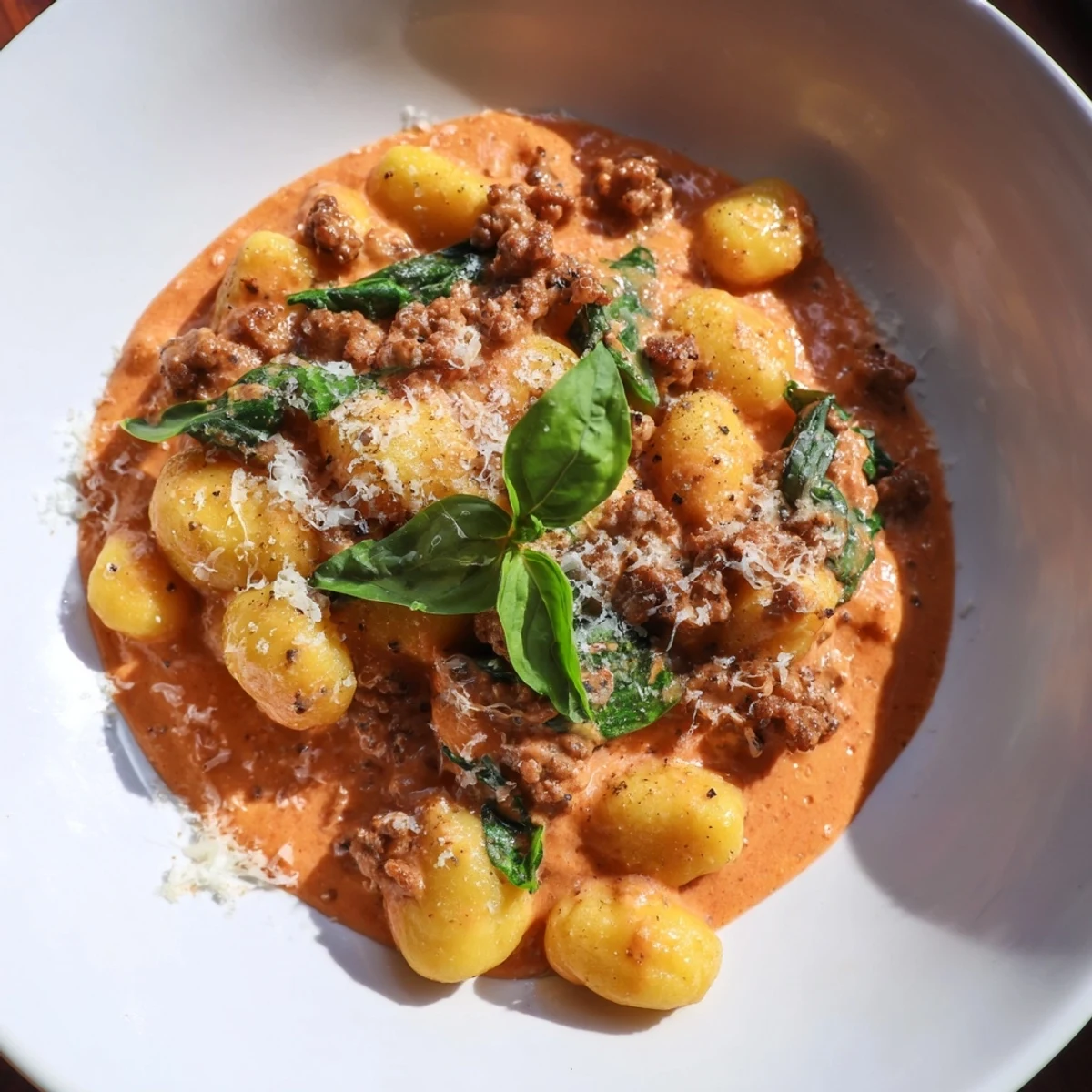 Fresh basil garnishes a bowl of Creamy Tomato and Sausage Gnocchi, a comforting Italian dinner.