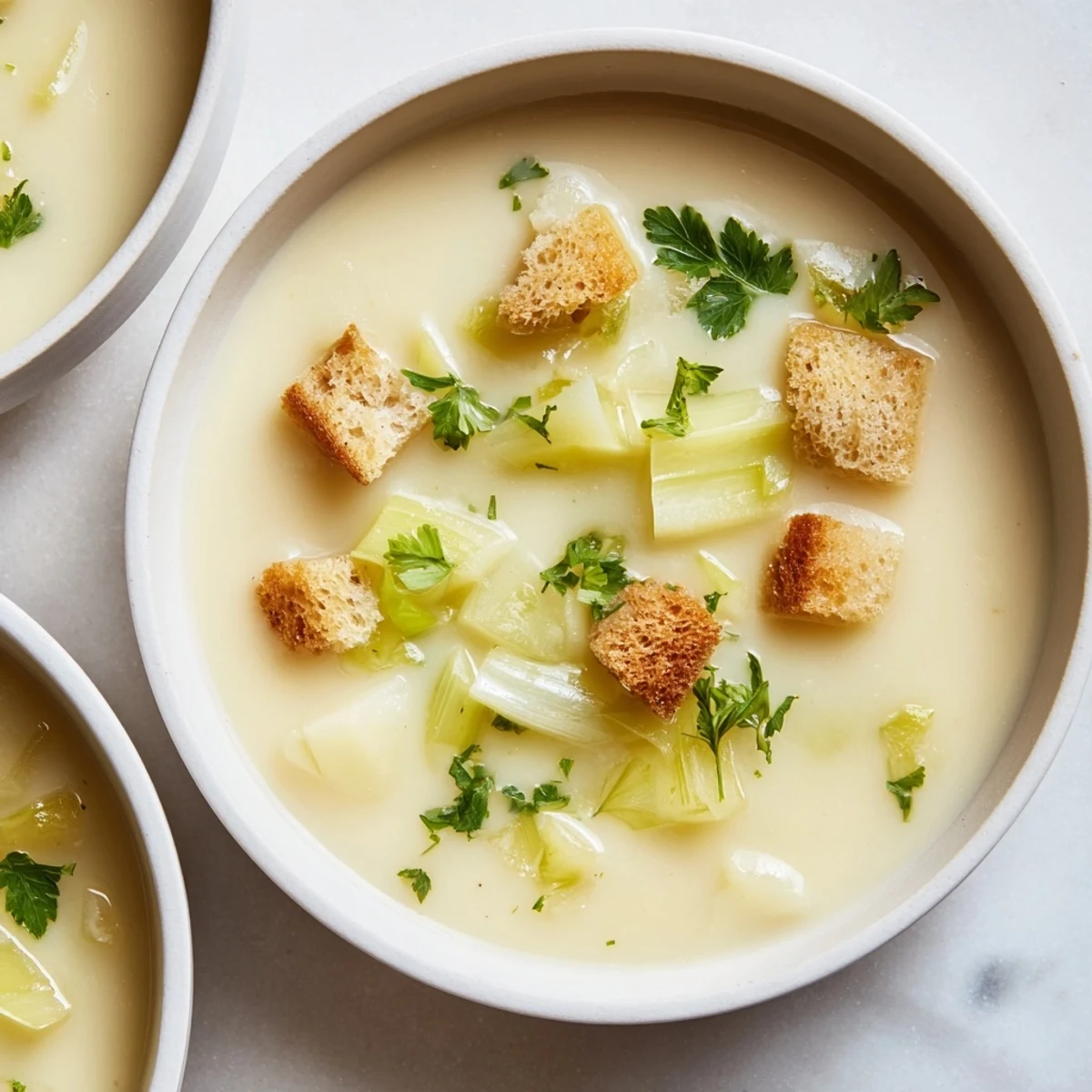 Quick & Simple Potato and Leek Soup swirled and creamy, garnished with chives, inviting every spoonful.