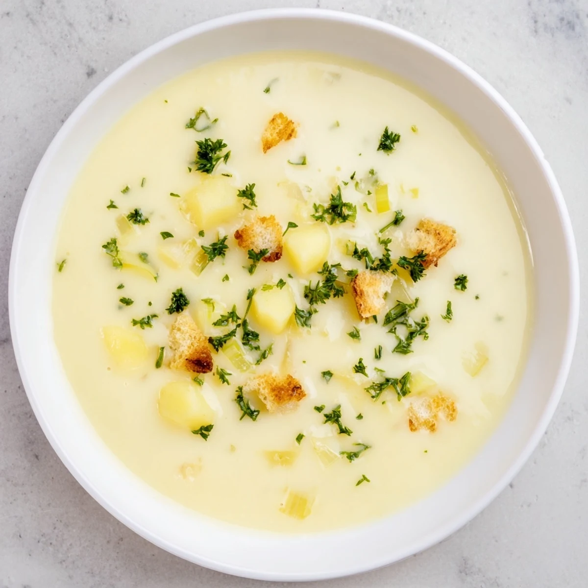 Savory Quick & Simple Potato and Leek Soup in bowls, perfect with crusty bread for a flavorful meal.