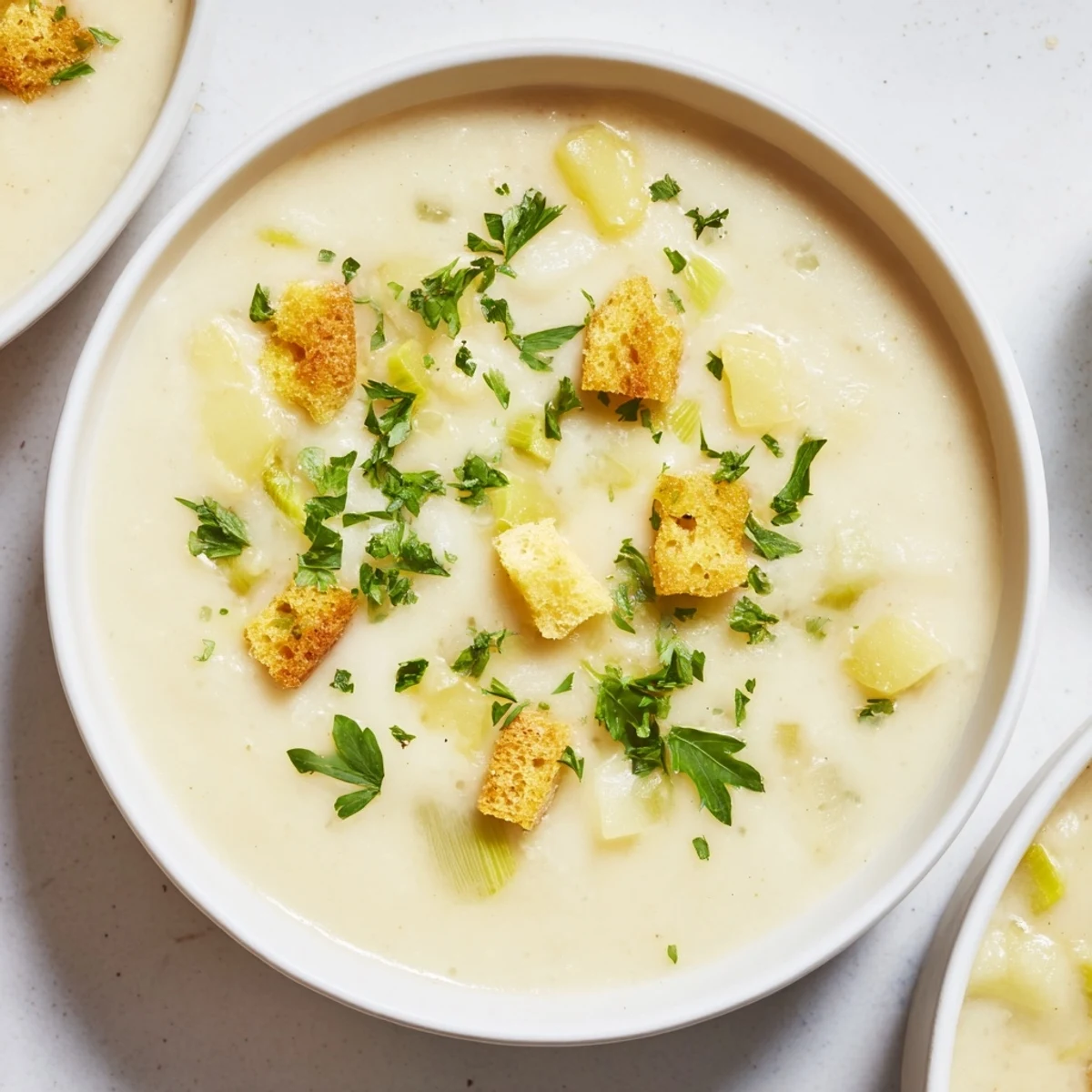 A close-up of piping hot Quick & Simple Potato and Leek Soup ready to warm you up.