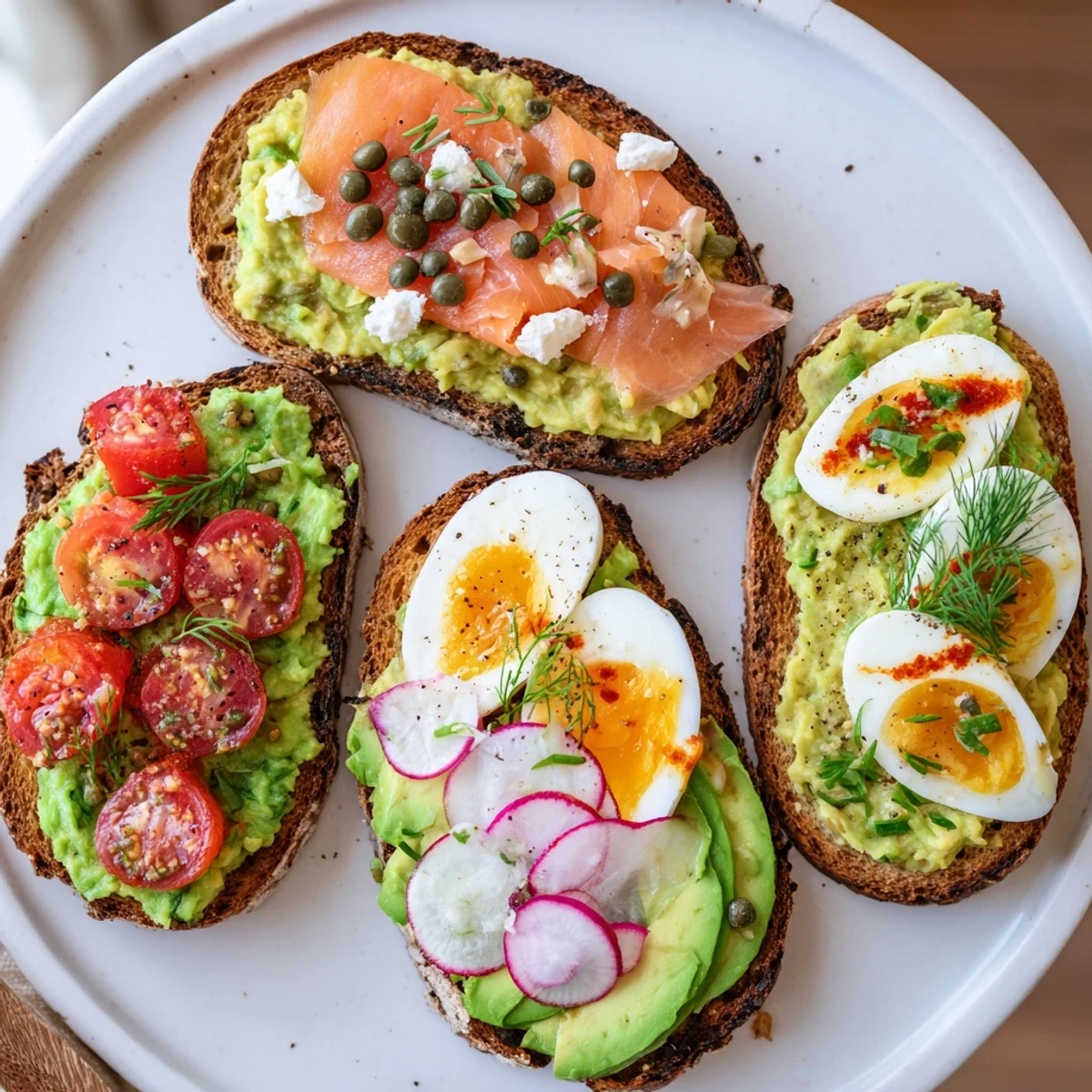 Four vibrant avocado toast creations, each piled high with delicious, fresh ingredients for a delightful snack.
