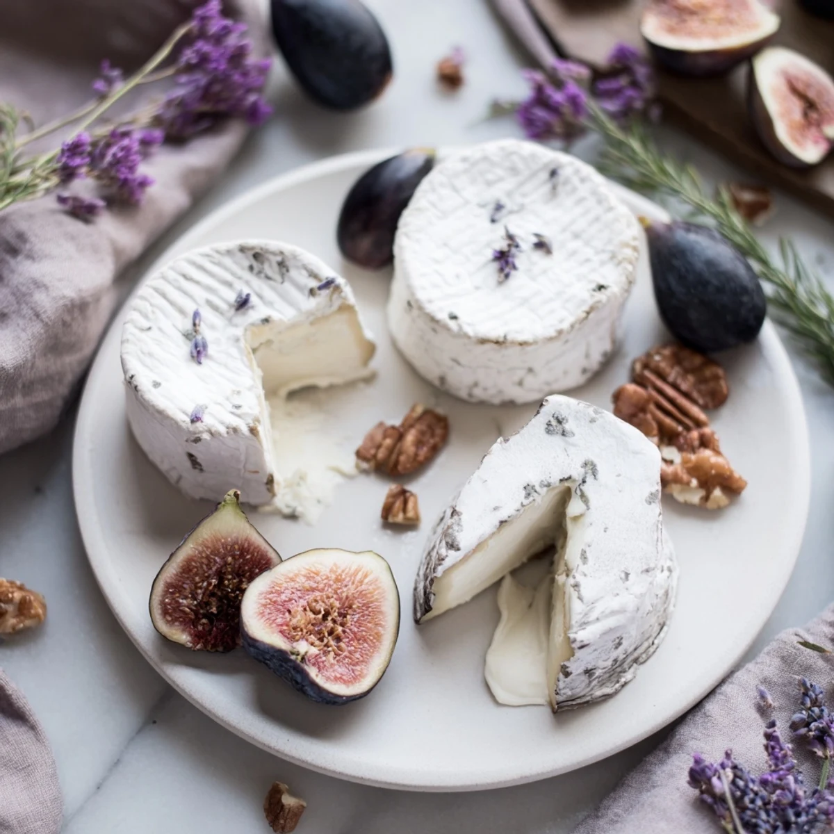A beautiful "Lavender Haze" cheese board features goat cheese and brie with figs and grapes.