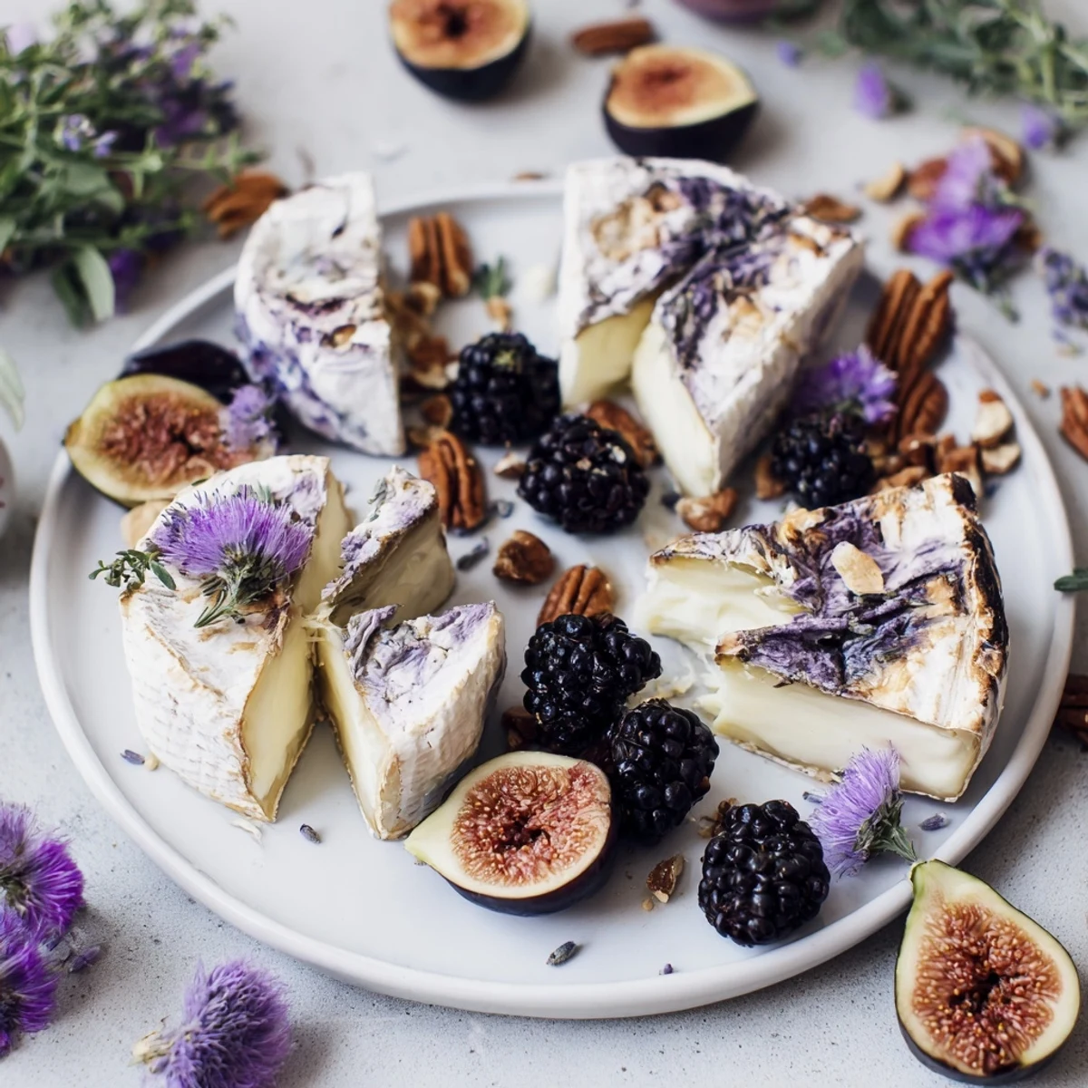 Artistic presentation of "The Lavender Haze" cheese platter with sweet honey and fresh blooms.