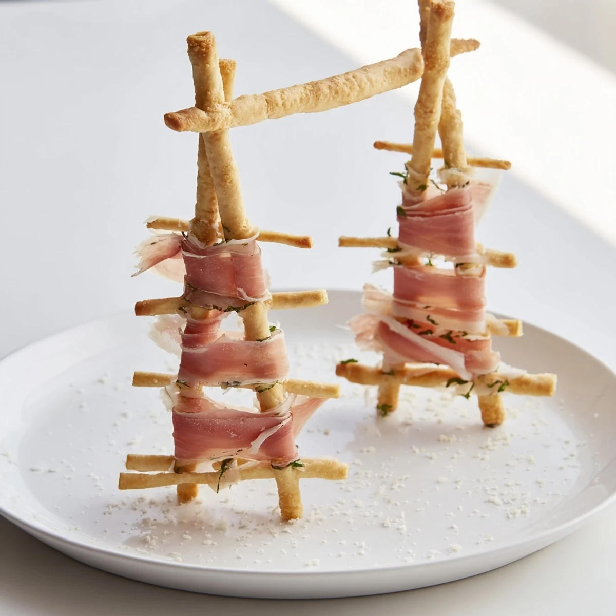 Golden Gate appetizer featuring prosciutto draped between breadstick towers, ready to eat.