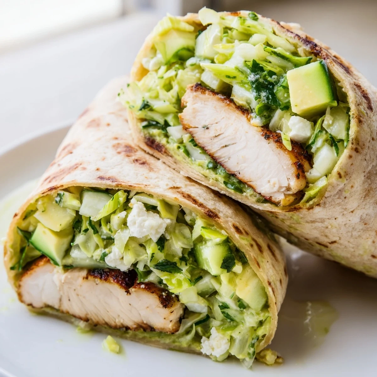 Grilled Green Goddess Chicken Wraps, filled with colorful salad, ready to eat and enjoy.