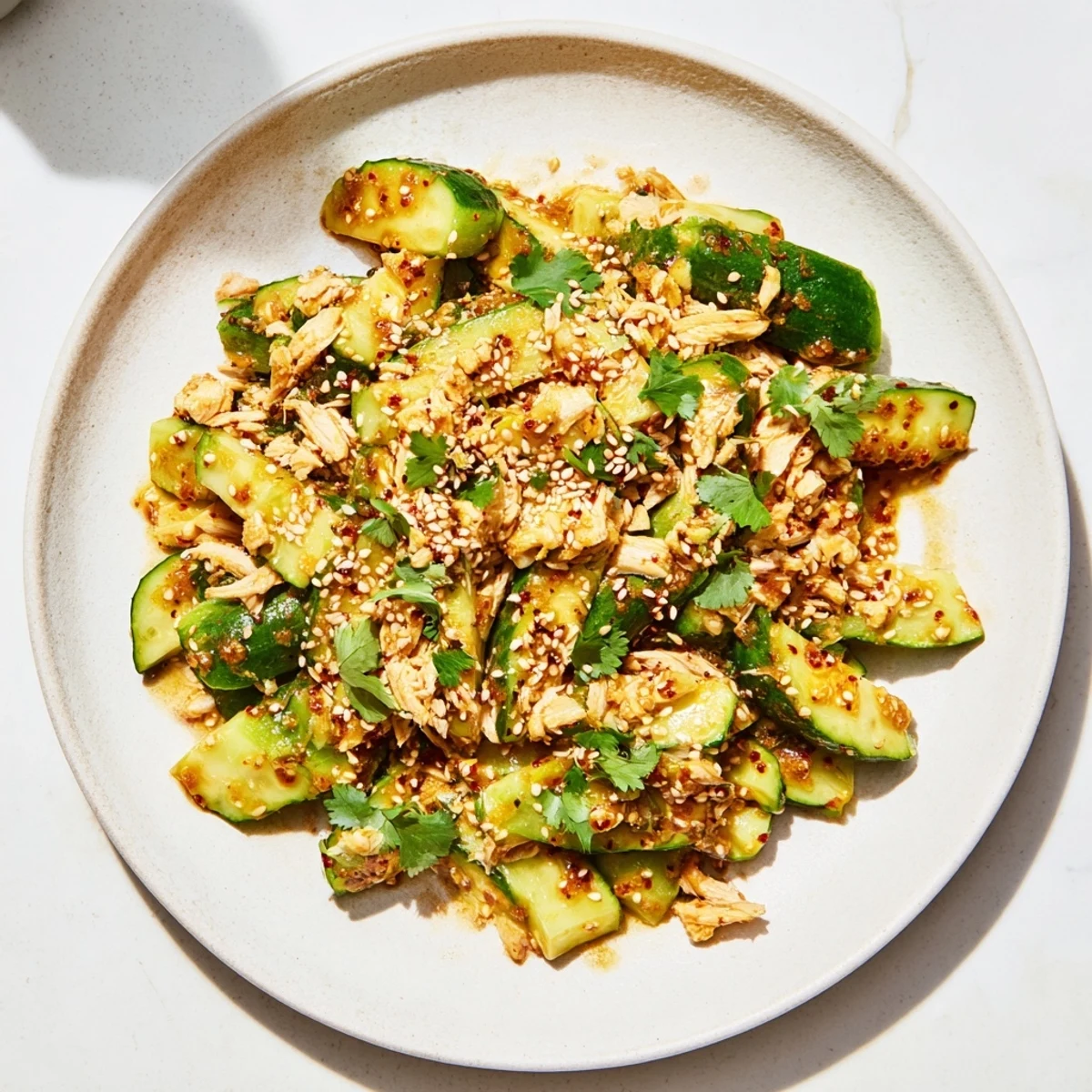 Tossed Whole Cucumber Logan Salad, a refreshing Asian-inspired recipe, topped with tender chicken.