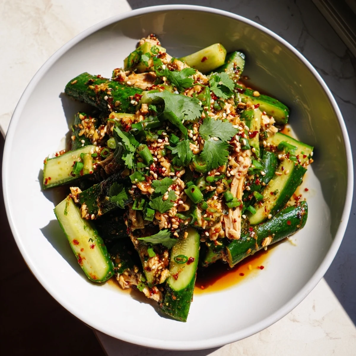 Fresh, smashed cucumbers shine in this attractive Whole Cucumber Logan Salad, ready to eat.
