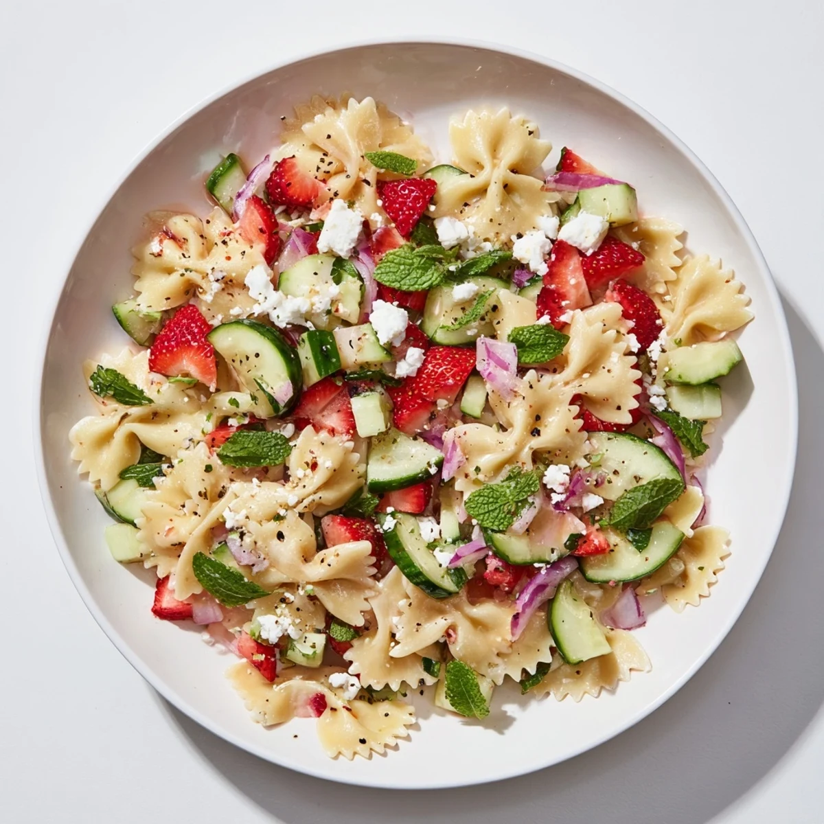 Strawberry Feta Pasta: a vibrant summer salad with ripe strawberries and creamy feta crumbles, ready to be enjoyed.