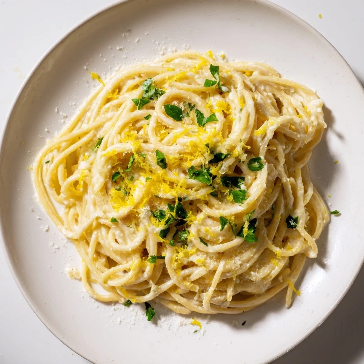 A comforting bowl of Lemon-Garlic Greek Yogurt Pasta, swimming in a vibrant, zesty, creamy sauce.
