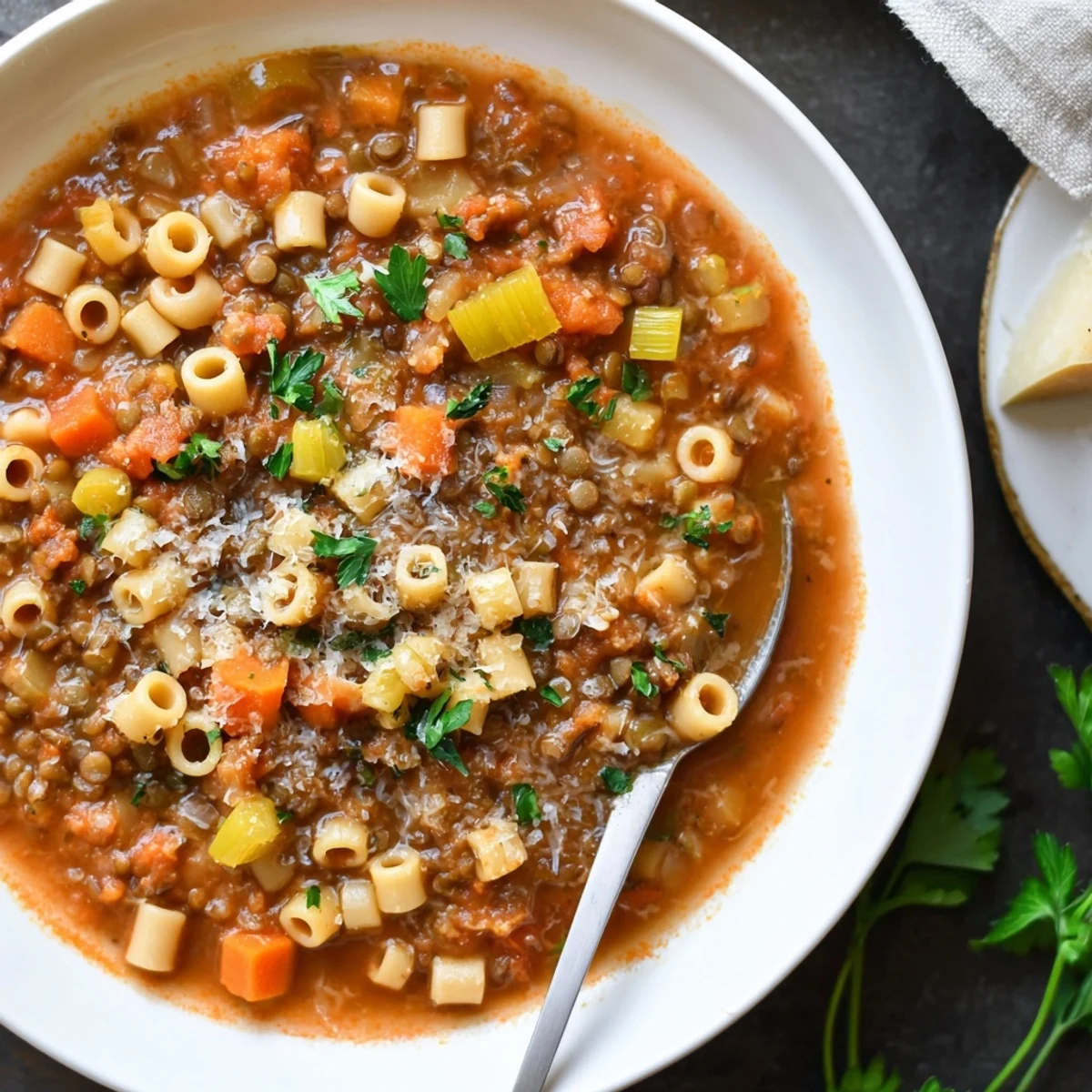 Close-up of a richly flavored ditalini and lentil soup, showcasing the perfectly cooked lentils.