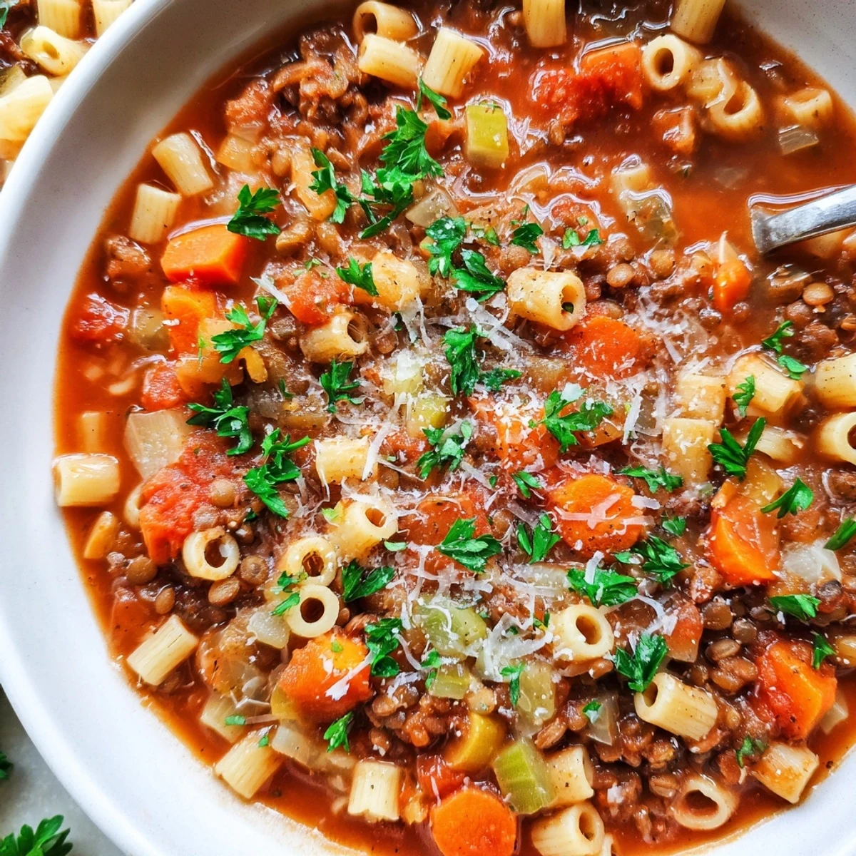 Steaming bowl of ditalini and lentil soup, a hearty Italian favorite with fresh parsley garnish.