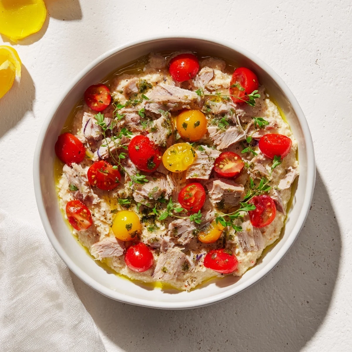 Creamy Dense Chickpea and Tuna Salad, ready to eat, with bright tomatoes and parsley garnish.