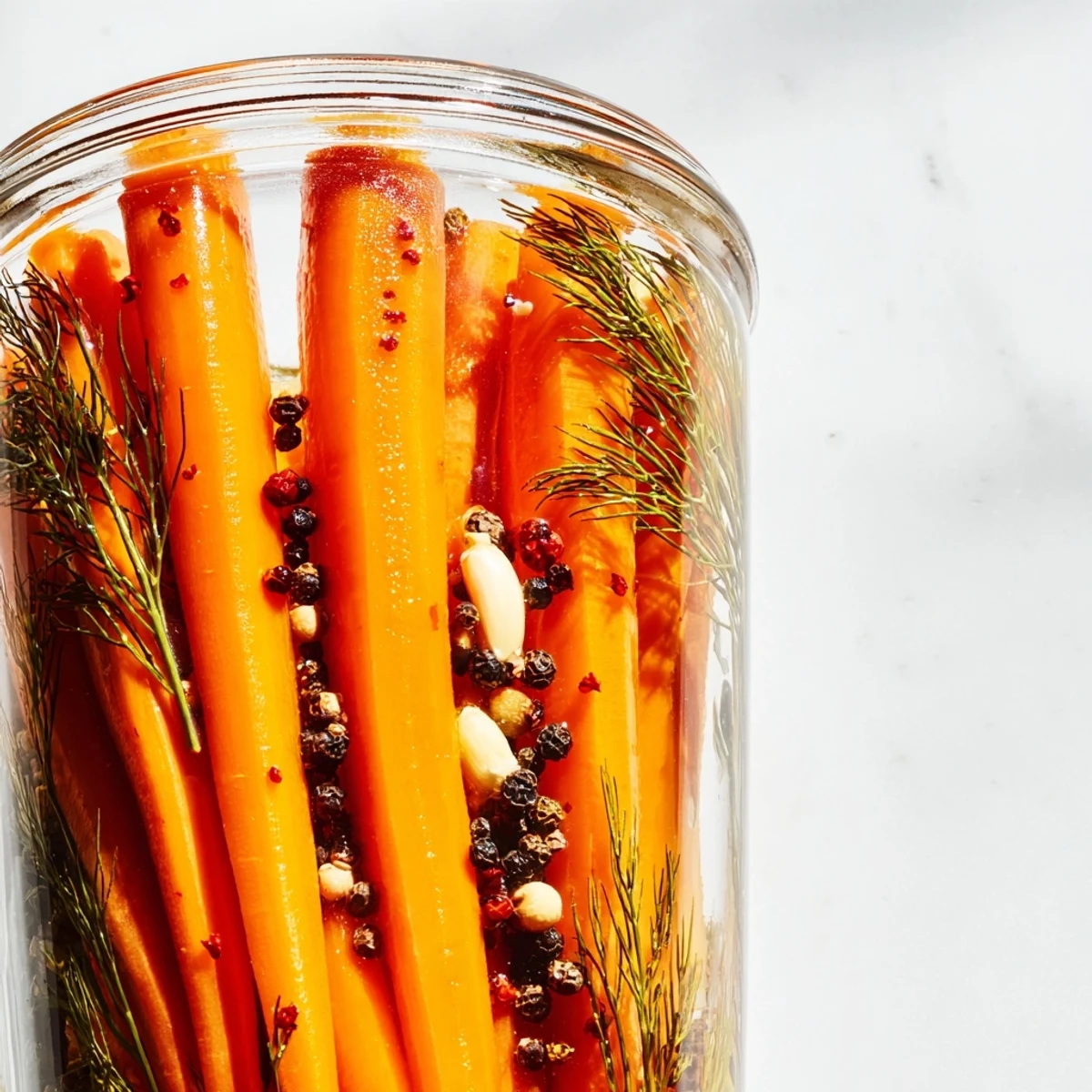 Quick Pickled Carrot Spears offering a crisp bite, showcased with fresh dill and peppercorns.