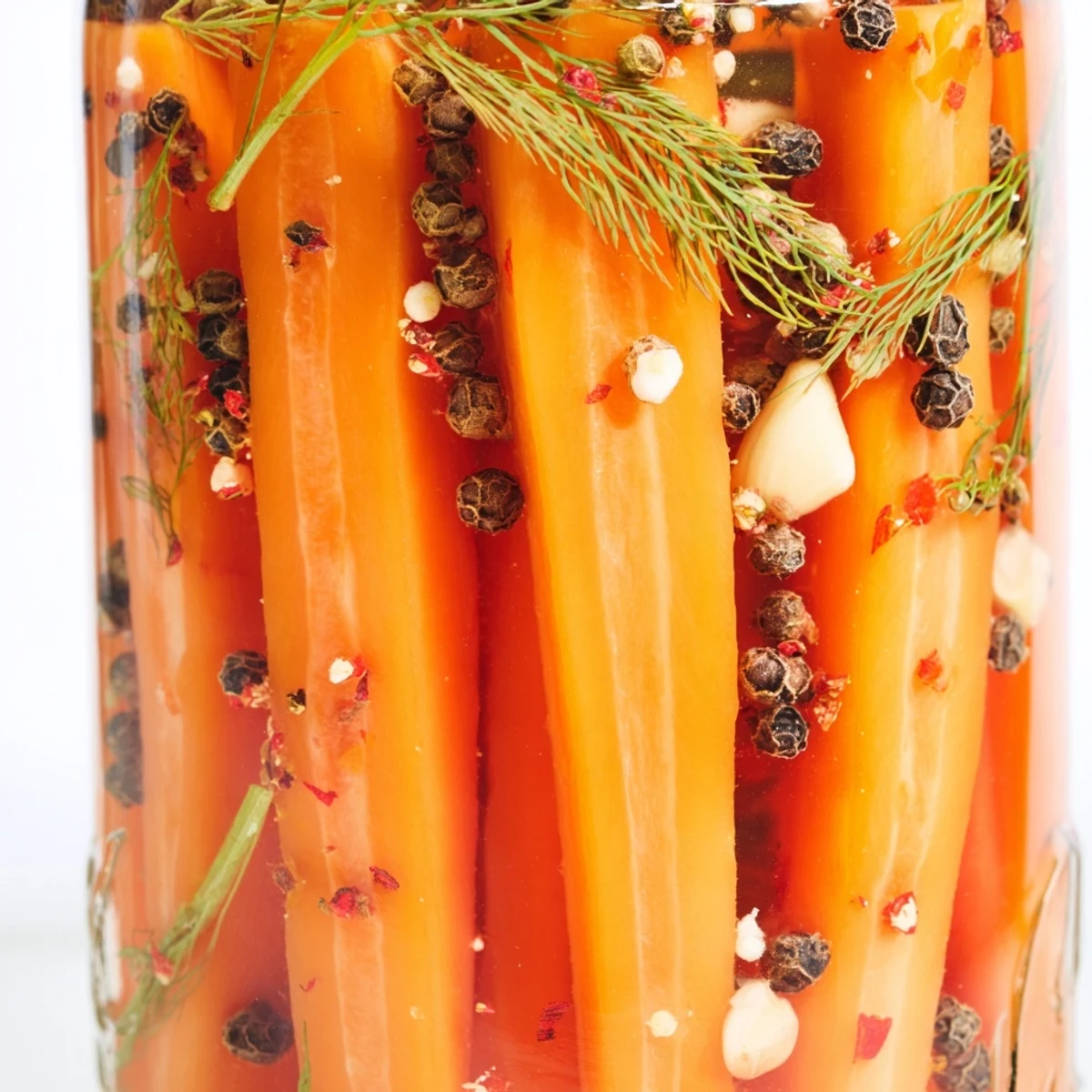 Colorful close-up of crunchy Quick Pickled Carrot Spears, a zesty American snack with garlic.