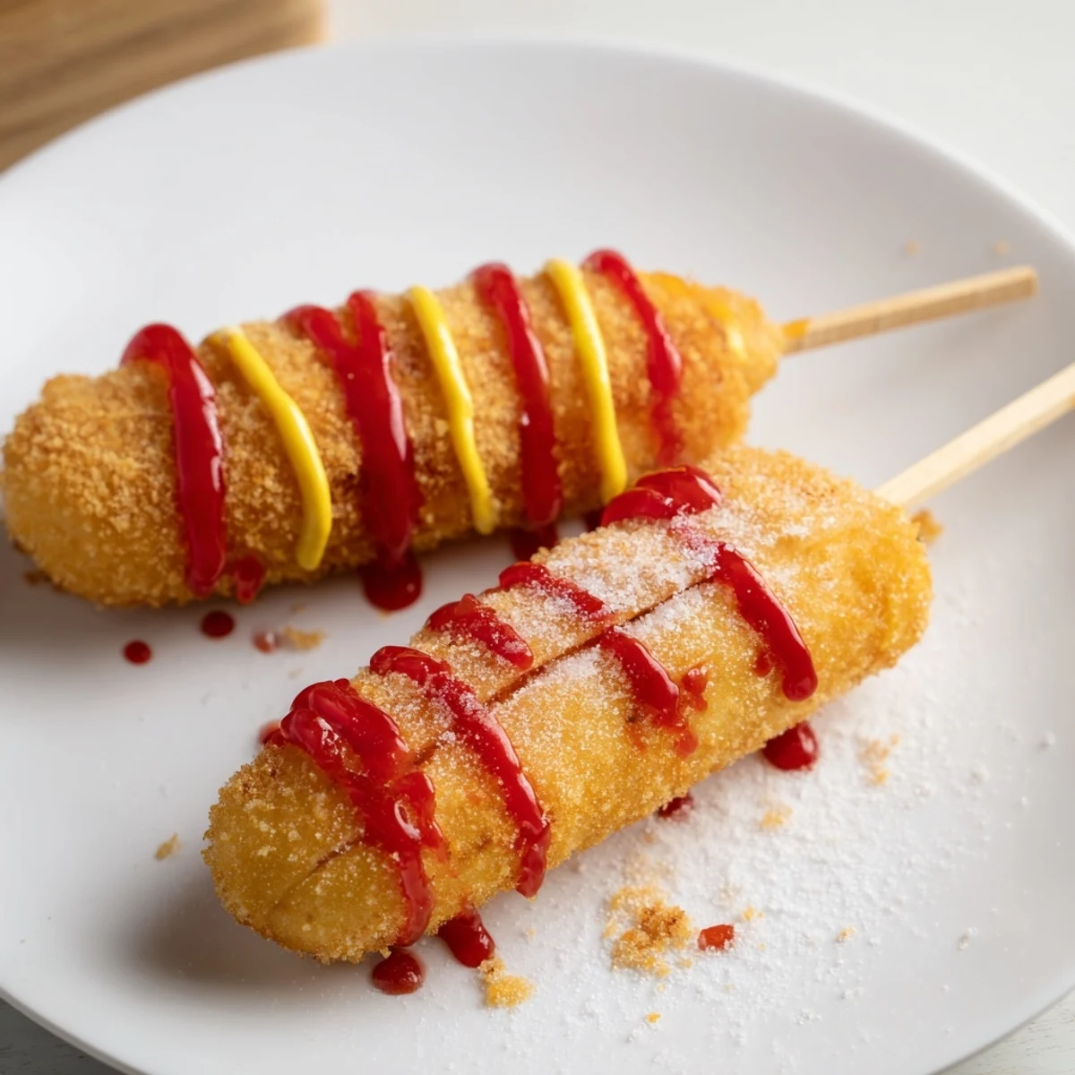 Golden-brown Korean-inspired corn dogs, perfectly crispy from the fryer, ready for dipping and enjoying.
