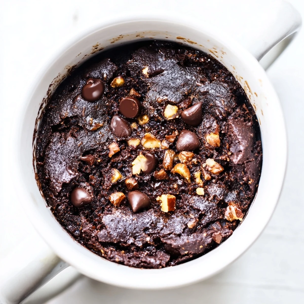 A warm, fudgy Mug Brownie, swirled with chocolate chips, ready for a quick dessert.