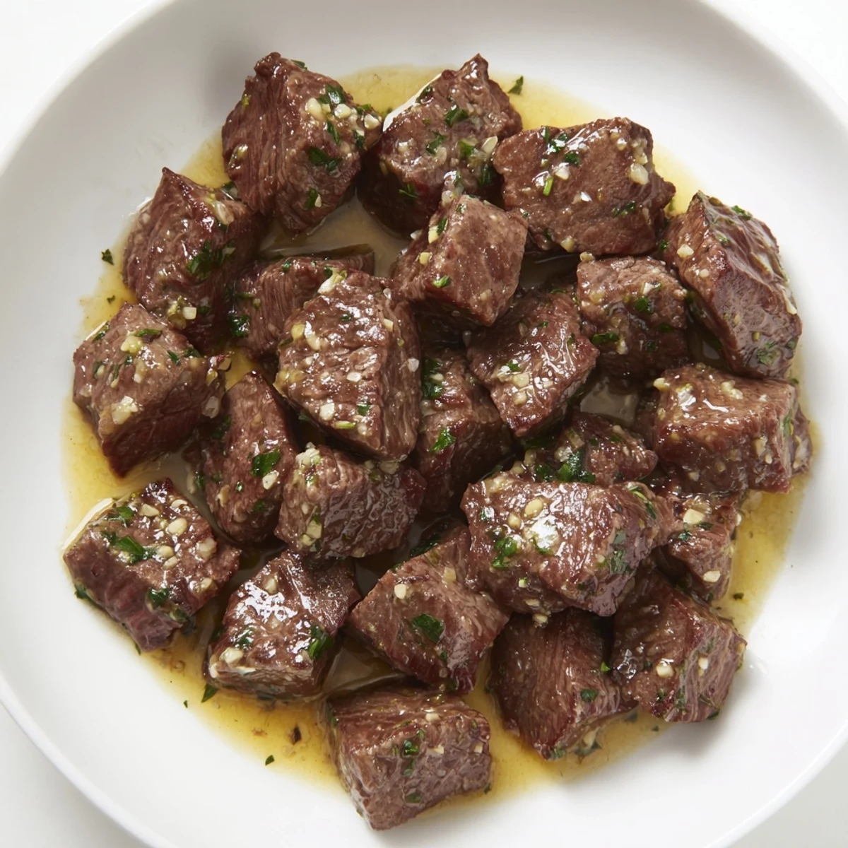 Picture succulent Air-Fryer Garlic-Butter Steak Bites, beautifully cooked and tossed in herb-infused garlic butter.