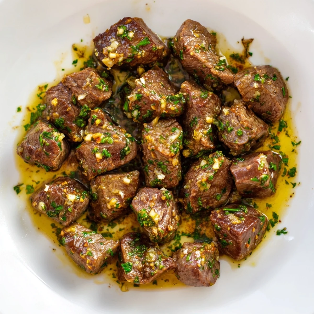 Golden, glistening Air-Fryer Garlic-Butter Steak Bites, ready to enjoy as a flavorful appetizer with lemon zest.