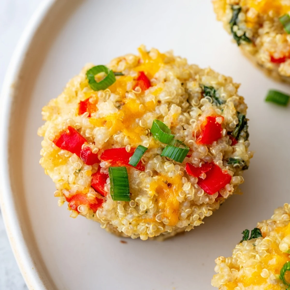 Golden-baked cheddar quinoa bites, full of sharp cheddar cheese and vibrant vegetables, ready to eat.