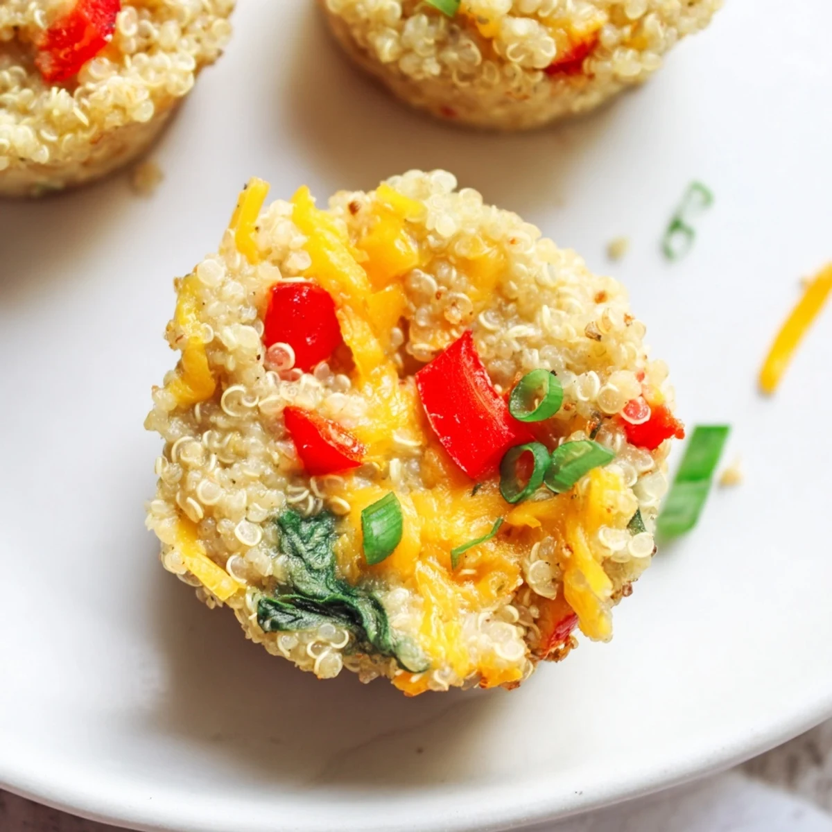 Warm, savory cheddar quinoa bites, with bits of red and green peppers, perfect for snacking anytime.