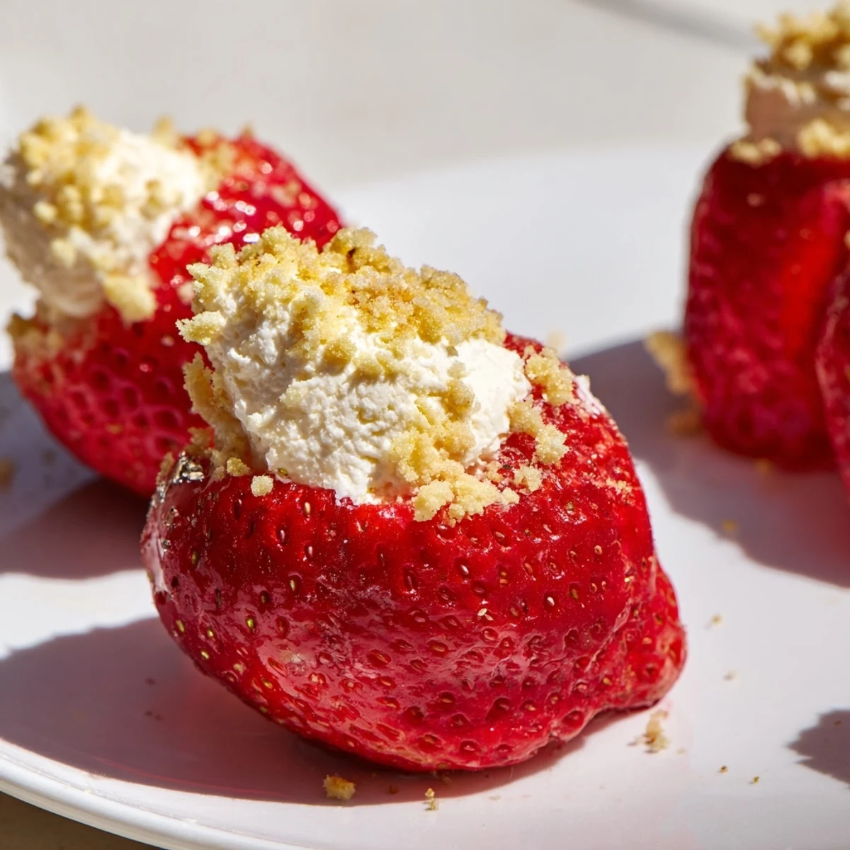 Fresh Cheesecake Stuffed Strawberries, red and creamy, finished with graham cracker crumbs, ready to eat.